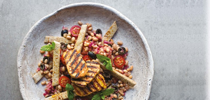 February 2016 - Cookery - Issue 248 - Griddled Halloumi with Red Onion, Haricot Bean and Tomato Salad
