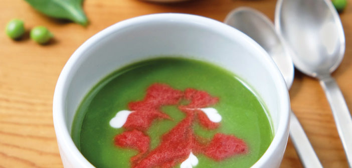 December 2016 - Cookery - Pea and Spinach Soup with Beetroot Swirl