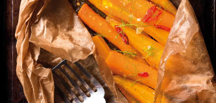 Cookery - Paper Bag Baked Carrots with Lemon Oil, Fennel and Chilli, and Mint Labneh - Issue 260