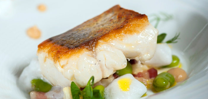 June 2017 - Cookery - Pan Seared Fillet of Irish Hake, Roast Cauliflower Puree, Broad Beans, Bacon Lardons & Vanilla Foam - Issue 264