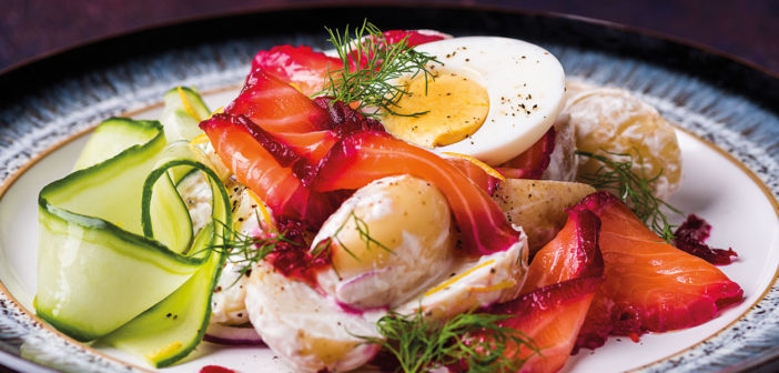 December 2020 - Cookery - Beetroot Cured Salmon with Potato & Crème Fraiche Salad - Issue 304