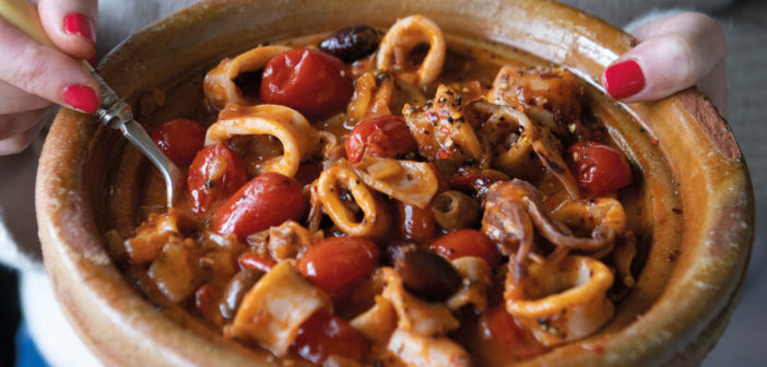 Slow Cooked Squid In Olives, Tomatoes & Garlic
