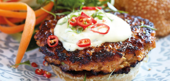 Soy-Glazed Salmon Burger with Asian Aioli and Slaw