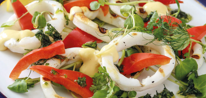 Squid with Rocket & Watercress Salad & Paprika Mayonnaise