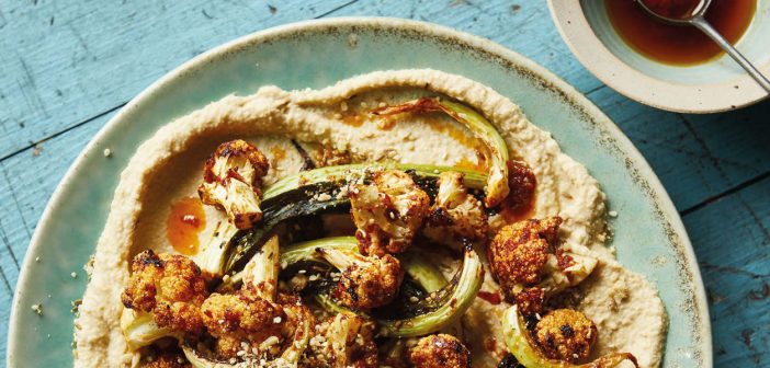 Roasted Harissa Cauliflower with Warm Hummus and Za’atar