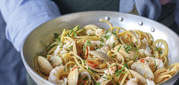 Prawn and Clam Linguini with Garlic, Chilli and Parsley