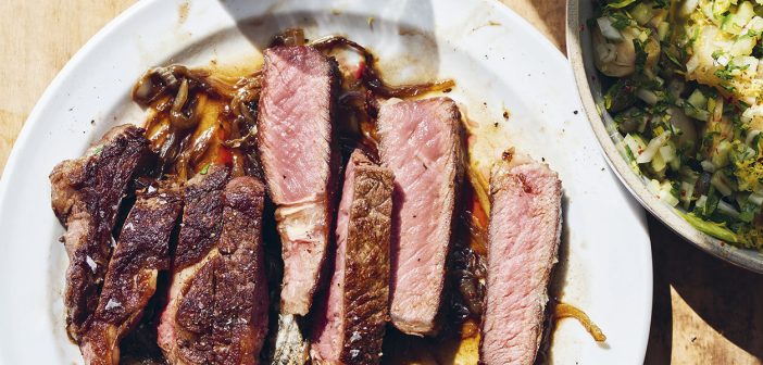 Steak with Smash Burger Onions and Pickled Onion Chimichurri