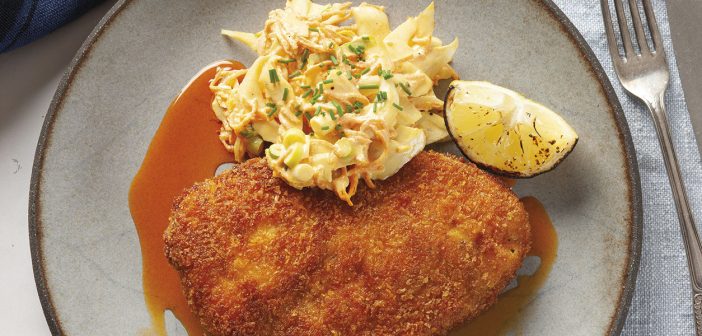 Buttermilk Chicken Schnitzel with Fennel & Pistachio Slaw